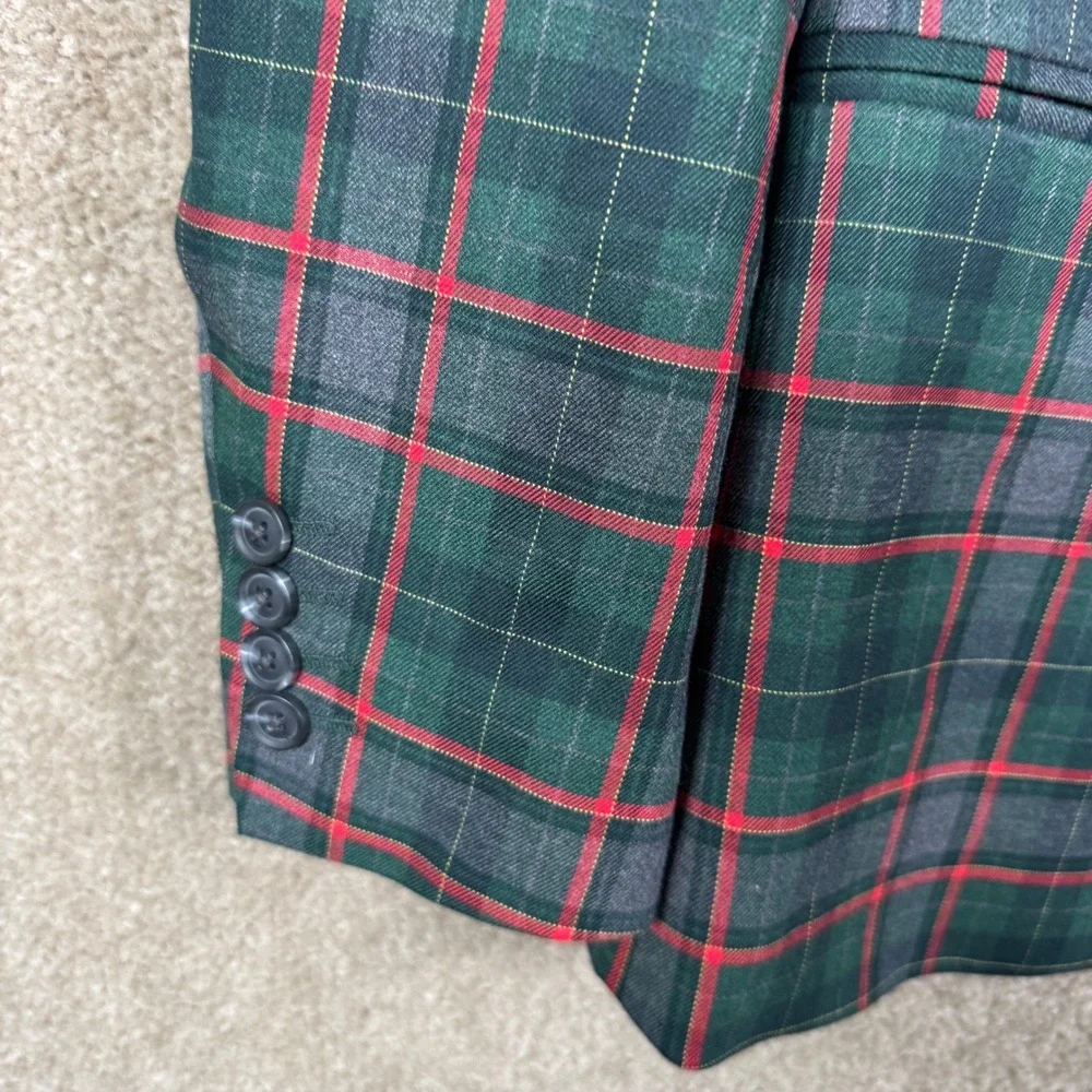 J. Ferrar Blazer Mens L 42/44 Green Red Tartan Plaid 360 Stretch Slim Fit Jacket